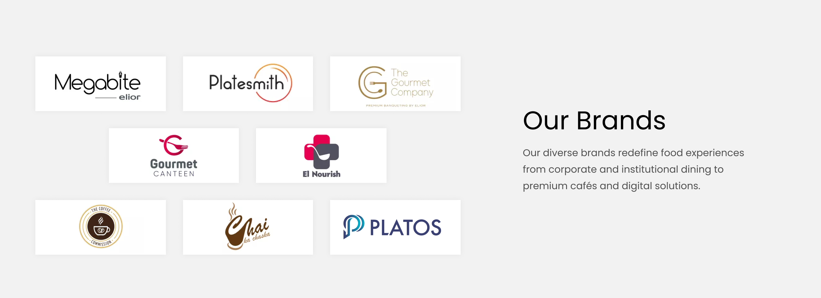 Our Brands - Megabite, Platesmith, The Gourmet Company, Gourmet Canteen, El Nourish, The Coffee Community, Chai Classics, PLATOS
