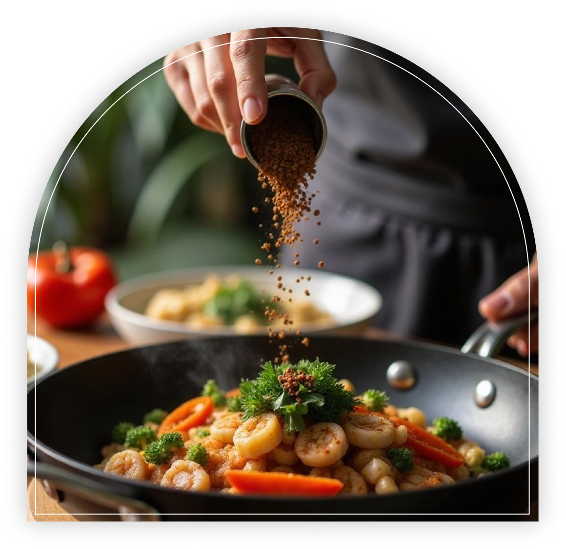 Chef seasoning a pan with fresh ingredients